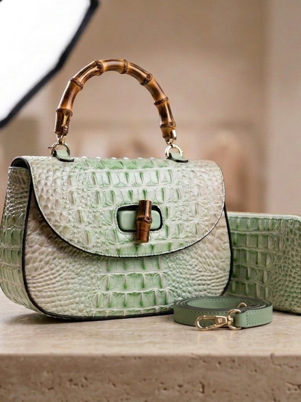 Emerald Ombre Croc Bamboo Satchel and wallet set